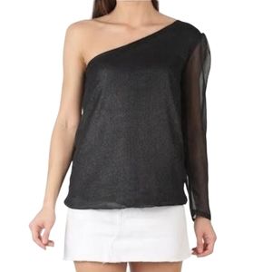 Rachel Roy black one shoulder mesh sleeve "satin" blouse, size Small, NWT